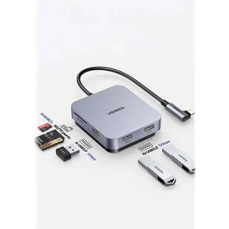 UGREEN 60377 USB-C Hub, 5-in-1 Adapter, 3x USB, SD/TF (Szürke)