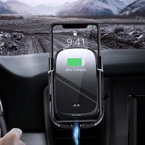 Baseus Rock Smart autós telefontartó vezeték nélküli Qi töltővel 10W, elektromos zárhatósággal, szellőzőre szerelhető telefontartó - fekete (WXHW01-01)