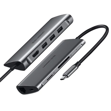 Ugreen USB Type C HUB 3x USB 3.0/SD és micro SD kártyaolvasó/RJ45 1000Mbps hálózati adapter/HDMI - szürke (50538)