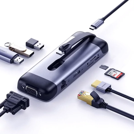 Ugreen 9in1 multifunkcionális HUB USB Type C - HDMI / 3xUSB 3.2 GeN  1 / SD + micro SD kártyaolvasó / VGA / RJ45 / USB Type C Power Delivery  100W 20V 5A - szürke (70409 CM286)