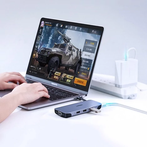 Ugreen 9in1 multifunkcionális HUB USB Type C - HDMI / 3xUSB 3.2 GeN  1 / SD + micro SD kártyaolvasó / VGA / RJ45 / USB Type C Power Delivery  100W 20V 5A - szürke (70409 CM286)