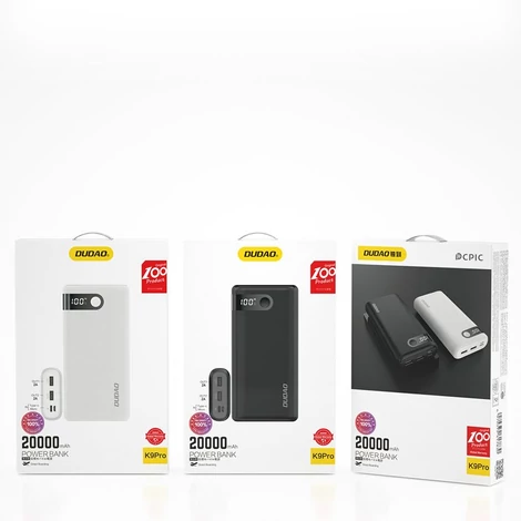 Dudao power bank 20000 mAh 2x USB / USB Type C / micro USB, 2 A, LED kijelzővel fehér (K9Pro-05)
