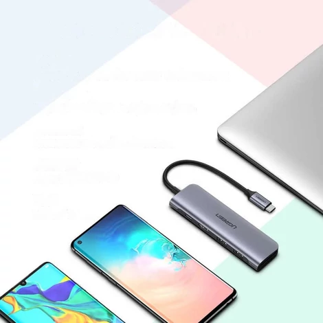 Ugreen 6w1 multifunkcionális HUB USB Type C - 2x USB 3.2 Gen 1 / USB Type C tápellátás 100 W / HDMI 4K / SD és micro SD (TF) kártyaolvasó szürke (CM195 70411)