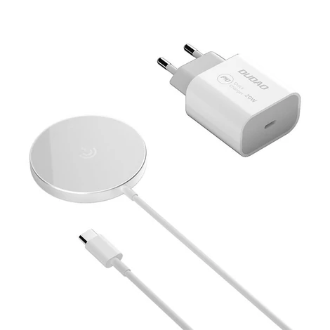 Dudao 15 W-os mágneses vezeték nélküli töltő + 20 W-os fali töltő (MagSafe-kompatibilis) fehér (A12XS)