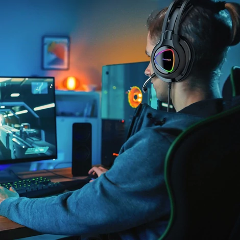 Tronsmart Glary Alpha Gaming RGB, 3,5 mm-es mini jack fejhallgató mikrofonnal és távirányítóval játékosok számára, fekete (370406)