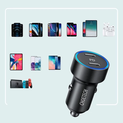 Choetech autós töltő 2x USB Type C Power Delivery 3.0 QuickCharge 3.0 AFC 36W 2.4A, fekete (C0054)