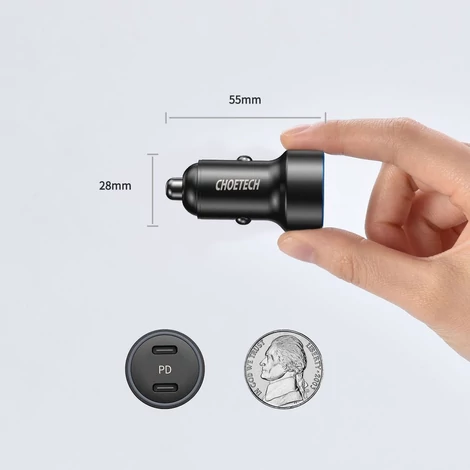 Choetech autós töltő 2x USB Type C Power Delivery 3.0 QuickCharge 3.0 AFC 36W 2.4A, fekete (C0054)