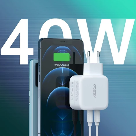 Choetech fali gyorstöltő 2x USB C típusú tápegység 40W, 3A, fehér (PD6009-EU)