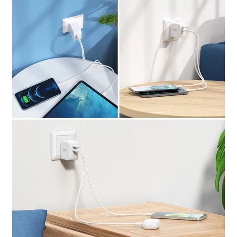 Choetech fali gyorstöltő 2x USB C típusú tápegység 40W, 3A, fehér (PD6009-EU)