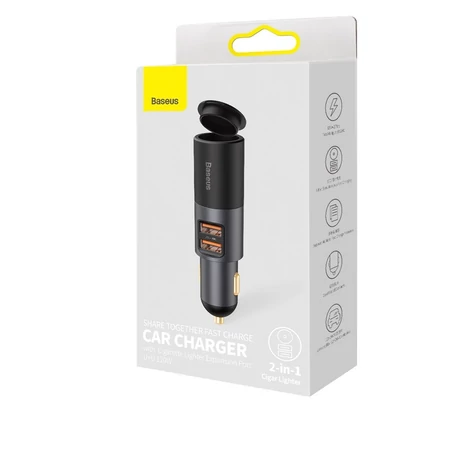 Baseus Share Together gyors töltésű autós töltő szivargyújtó bővítő porttal, 2x USB, 120 W (szürke)