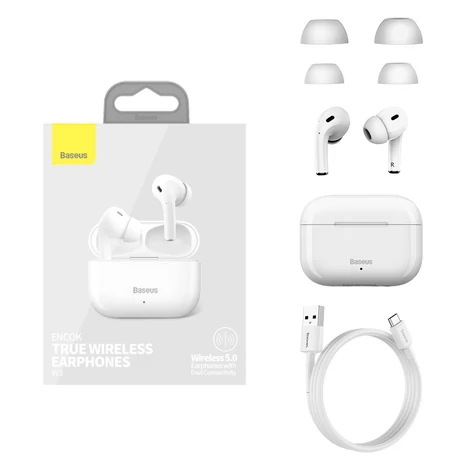 Baseus Encok W3 vezeték nélküli fülhallgató, Bluetooth 5.0 (fehér)
