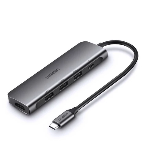 4in1 UGREEN CM136 USB-C - HDMI 4K, 3x USB 3.0, Type-C PD + AUX hub adapter (szürke)