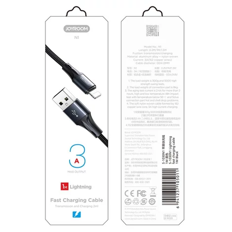 Joyroom USB - Lightning kábel, 3 A, 1 m, fekete (S-1030N1)