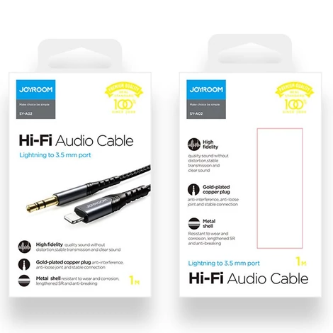 Joyroom sztereó audio AUX kábel 3,5 mm mini jack - Lightning iPhone-hoz, iPad-hez, 2 m, fekete (SY-A02-2m)
