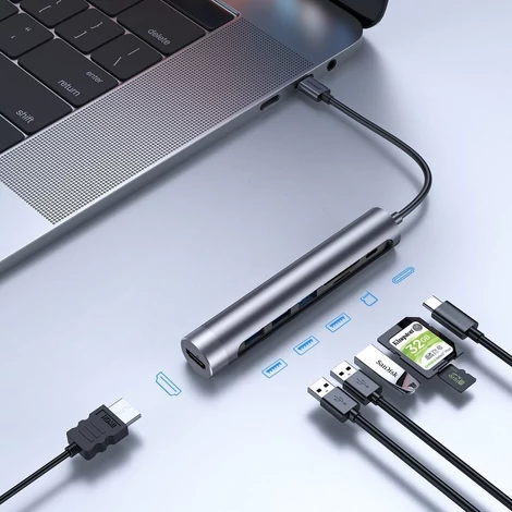 Joyroom multifunkcionális USB Hub 7in1 Type C / 3x USB 3.0 / HDMI 4K 30Hz / SD kártyaolvasó és Micro SD,100W, 15cm, szürke (S-H112)