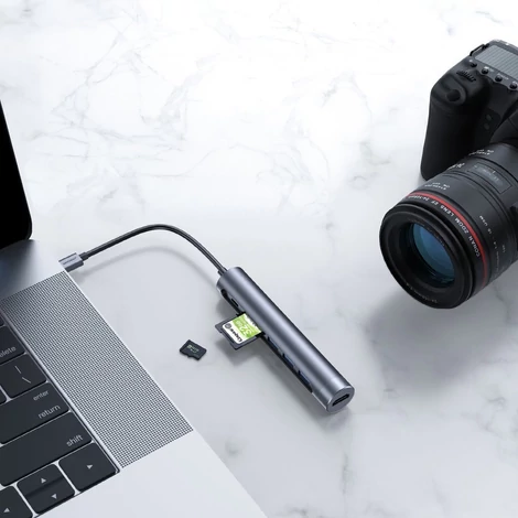 Joyroom multifunkcionális USB Hub 7in1 Type C / 3x USB 3.0 / HDMI 4K 30Hz / SD kártyaolvasó és Micro SD,100W, 15cm, szürke (S-H112)