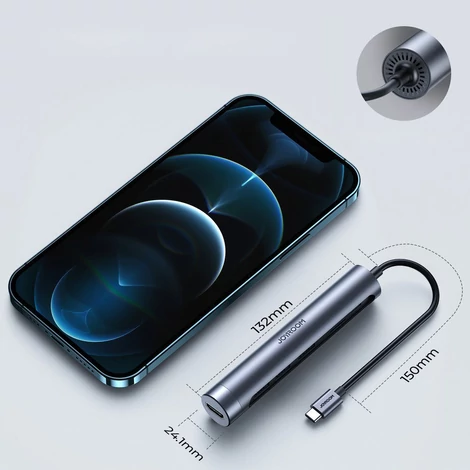 Joyroom multifunkcionális USB Hub 7in1 Type C / 3x USB 3.0 / HDMI 4K 30Hz / SD kártyaolvasó és Micro SD,100W, 15cm, szürke (S-H112)