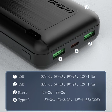 Dudao power bank, 20000 mAh, Power Delivery, 20 W, Quick Charge 3.0, 2x USB / USB Type C, fehér (K12PQ+white)