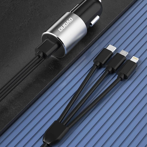 Dudao 3in1 USB autós töltő, 3,4 A, beépített kábel Lightning / USB Type C / micro USB, fekete (R5ProN-black)
