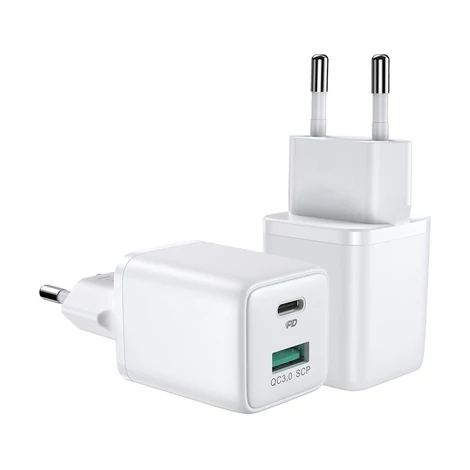 Joyroom fali gyorstöltő (EU csatlakozó), USB / USB Typ C, 30W, Power Delivery, QuickCharge 3.0, AFC FCP, fehér (L-QP303)
