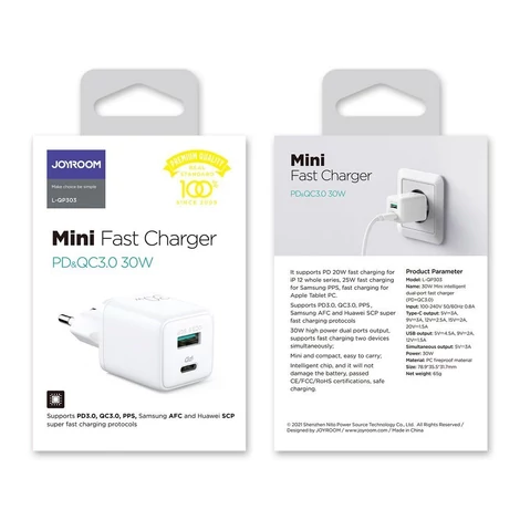Joyroom fali gyorstöltő (EU csatlakozó), USB / USB Typ C, 30W, Power Delivery, QuickCharge 3.0, AFC FCP, fehér (L-QP303)