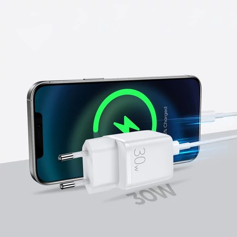 Joyroom fali gyorstöltő (EU csatlakozó), USB / USB Typ C, 30W, Power Delivery, QuickCharge 3.0, AFC FCP, fehér (L-QP303)