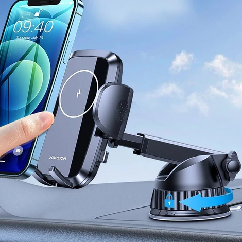Joyroom vezeték nélküli autós töltő és műszerfalra szerelhető telefontartó, Qi töltő, 15 W, fekete (JR-ZS241-2)