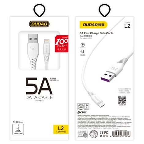 Dudao kábel USB / Lightning kábel, 5A, 1m, fehér (L2L-1m-white)