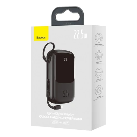 Baseus Qpow digitális kijelzős Power bank 20000mAh 22,5W USB / USB Type C / USB Type C kábel, Gyorstöltés, SCP AFC FCP, fekete (PPQD-I01)