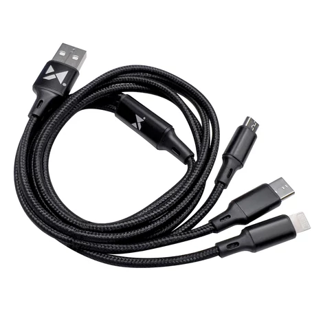 Wozinsky kábel 3in1 USB - USB Typ C/ micro USB/ Lightning, 2,8A, 1,25m, fekete (WOZ-3in1-BK)