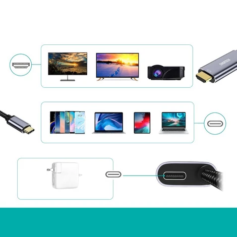 Choetech egyirányú adapter C típusú USB - HDMI 4K 60Hz + USB Type C Power Delivery, 60W, 1,8m, szürke (XCH-M180-GY)