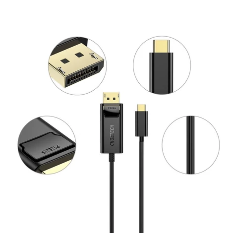 Choetech egyirányú USB Type C monitor videokábel - Display Port 4K, 1,8m, fekete (XCP-1801BK-V1)