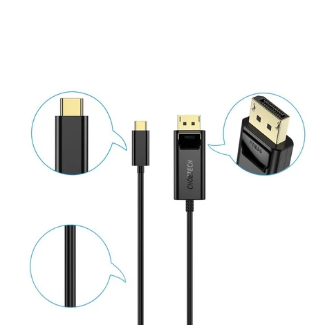 Choetech egyirányú USB Type C monitor videokábel - Display Port 4K, 1,8m, fekete (XCP-1801BK-V1)