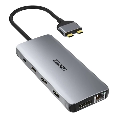 Choetech 12 az 1-ben többfunkciós HUB, 2x USB Type C - USB Type C Thunderbolt 3 100W / 2x HDMI + 1x DisplayPort 4K @ 60Hz / 2x USB 3.2 Gen 1 / 2x USB 2.0 / SD és microSD kártyaolvasó / RJ45 Ethernet 1 Gbps / 3.5 mm mini jack MacBook Pro / Air készülékhez,