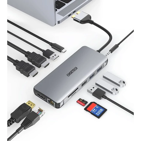 Choetech 12 az 1-ben többfunkciós HUB, 2x USB Type C - USB Type C Thunderbolt 3 100W / 2x HDMI + 1x DisplayPort 4K @ 60Hz / 2x USB 3.2 Gen 1 / 2x USB 2.0 / SD és microSD kártyaolvasó / RJ45 Ethernet 1 Gbps / 3.5 mm mini jack MacBook Pro / Air készülékhez,