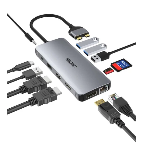 Choetech 12 az 1-ben többfunkciós HUB, 2x USB Type C - USB Type C Thunderbolt 3 100W / 2x HDMI + 1x DisplayPort 4K @ 60Hz / 2x USB 3.2 Gen 1 / 2x USB 2.0 / SD és microSD kártyaolvasó / RJ45 Ethernet 1 Gbps / 3.5 mm mini jack MacBook Pro / Air készülékhez,