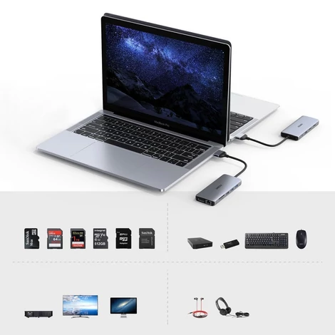 Choetech 12 az 1-ben többfunkciós HUB, 2x USB Type C - USB Type C Thunderbolt 3 100W / 2x HDMI + 1x DisplayPort 4K @ 60Hz / 2x USB 3.2 Gen 1 / 2x USB 2.0 / SD és microSD kártyaolvasó / RJ45 Ethernet 1 Gbps / 3.5 mm mini jack MacBook Pro / Air készülékhez,