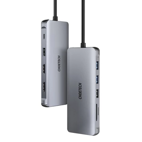 Choetech 12 az 1-ben többfunkciós HUB, 2x USB Type C - USB Type C Thunderbolt 3 100W / 2x HDMI + 1x DisplayPort 4K @ 60Hz / 2x USB 3.2 Gen 1 / 2x USB 2.0 / SD és microSD kártyaolvasó / RJ45 Ethernet 1 Gbps / 3.5 mm mini jack MacBook Pro / Air készülékhez,