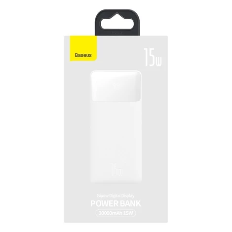 Baseus Bipow digitális kijelzős Power bank 30000mAh, 20W, 2x USB / USB Type C / micro USB, 15W, fehér (PPDML-K02)