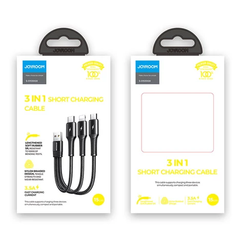 Joyroom 3in1 rövid USB - Lightning / USB Type C / micro USB töltőkábel, 3,5A, 15cm, fekete (S-01530G9-LCM-black)