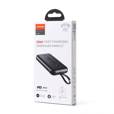 Joyroom Linglong power bank 10000mAh, 20W, Power Delivery, Quick Charge, USB / USB Type C / beépített USB Type C kábel, fekete (JR-L001-black)