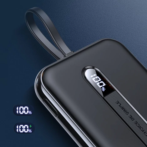 Joyroom Linglong power bank 10000mAh, 20W, Power Delivery, Quick Charge, USB / USB Type C / beépített USB Type C kábel, fekete (JR-L001-black)