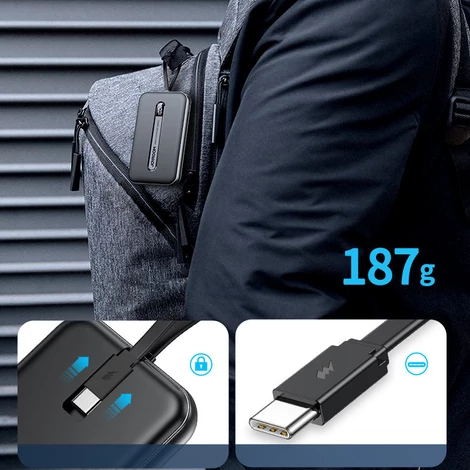 Joyroom Linglong power bank 10000mAh, 20W, Power Delivery, Quick Charge, USB / USB Type C / beépített USB Type C kábel, fekete (JR-L001-black)