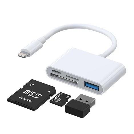 Joyroom adapter SD és TF kártyaolvasóval, USB OTG porttal és kábel Lightning csatlakozóval, fehér (S-H142)