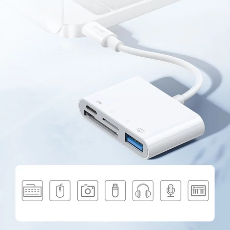 Joyroom adapter SD és TF kártyaolvasóval, USB OTG porttal és kábel Lightning csatlakozóval, fehér (S-H142)