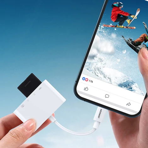 Joyroom adapter SD és TF kártyaolvasóval, USB OTG porttal és kábel Lightning csatlakozóval, fehér (S-H142)