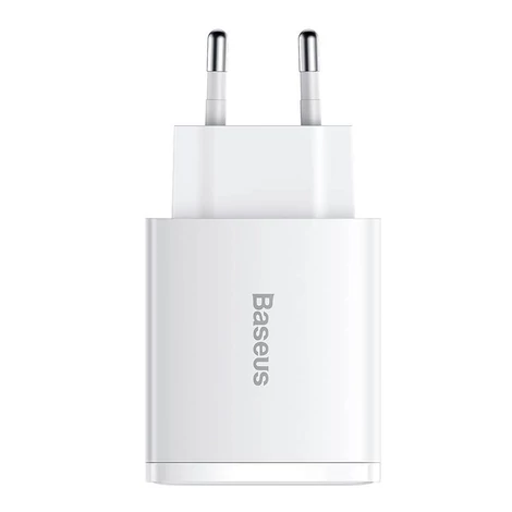 Baseus kompakt gyorstöltő, 2xUSB, USB-C, PD, 3A, 30 W (fehér)