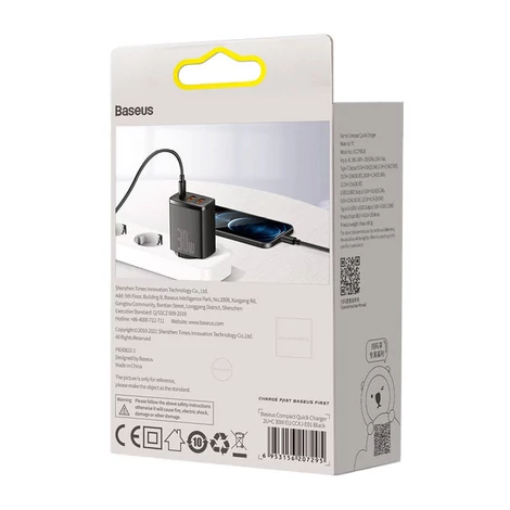 Baseus kompakt gyorstöltő, 2xUSB, USB-C, PD, 3A, 30 W (fekete)