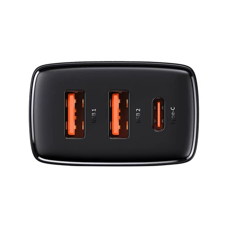 Baseus kompakt gyorstöltő, 2xUSB, USB-C, PD, 3A, 30 W (fekete)