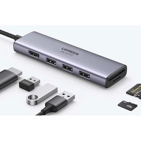 UGREEN CM511 5-in-1 Adapter USB-C Hub - 3x USB3.0 + HDMI + TF / SD (szürke)